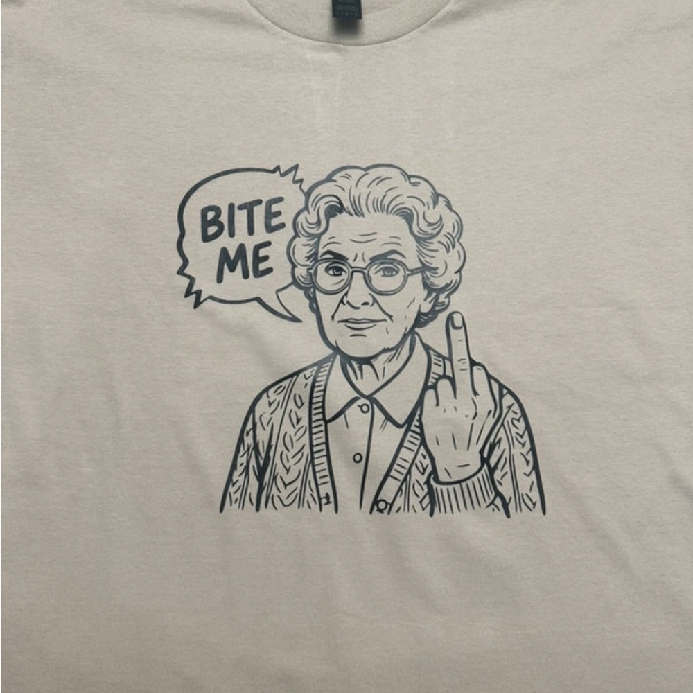 Gildan Beige Short Sleeve Tee with Black 'Bite Me' Granny Graphic